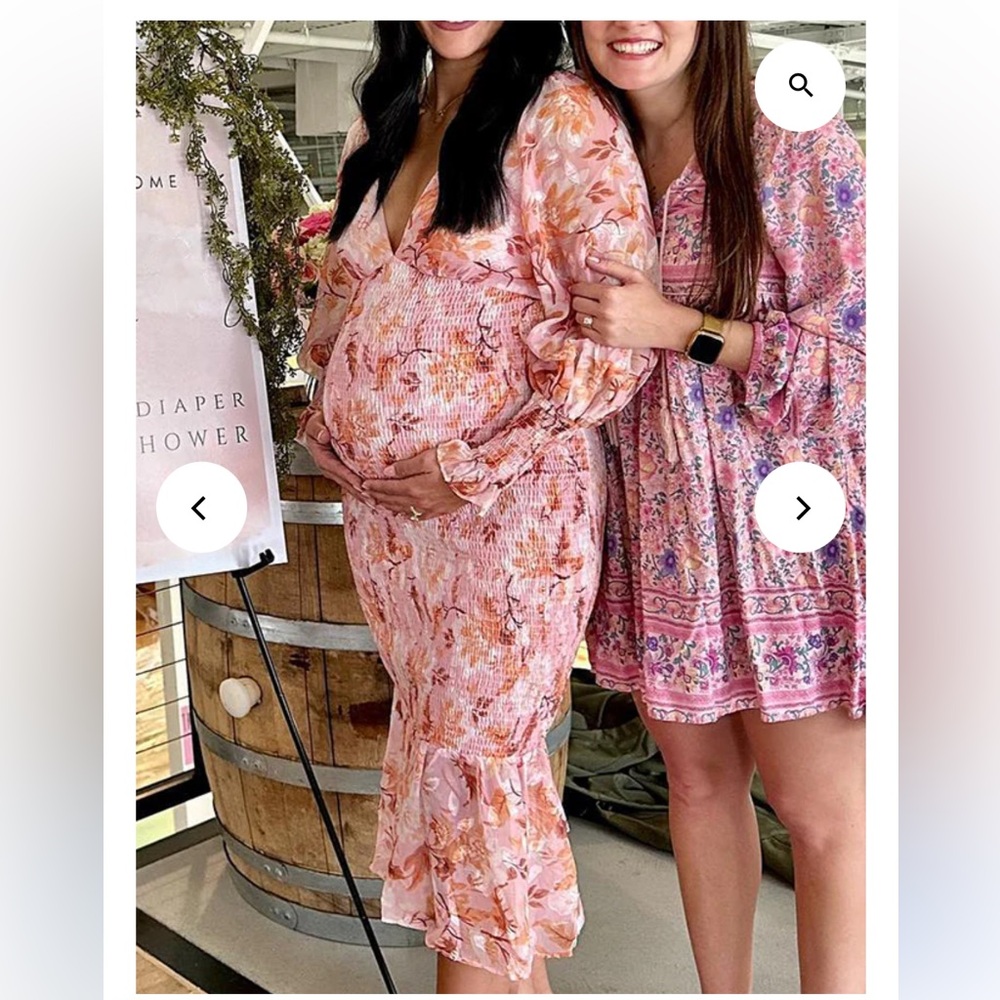 Momyknows Pink Floral Smocked Mermaid Maternity Baby Shower Maxi Dress